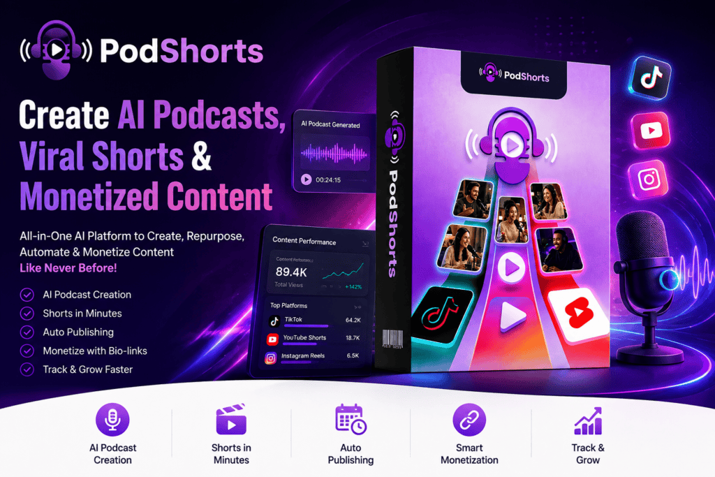 PodShorts AI podcast and Shorts creation platform with AI hosts, auto publishing, monetization and content tracking features