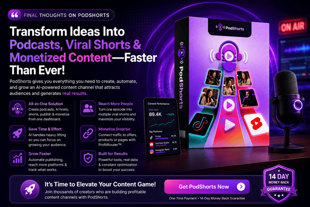 PodShorts final thoughts section showing AI podcast creation, viral Shorts, monetization tools, content tracking and 14-day money-back guarantee