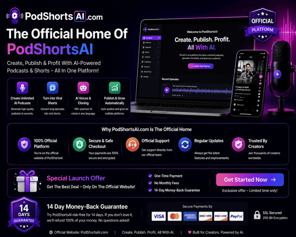 PodShorts official website page showing AI podcast creation platform, dashboard, AI voices, Shorts generation, publishing automation and 14-day guarantee