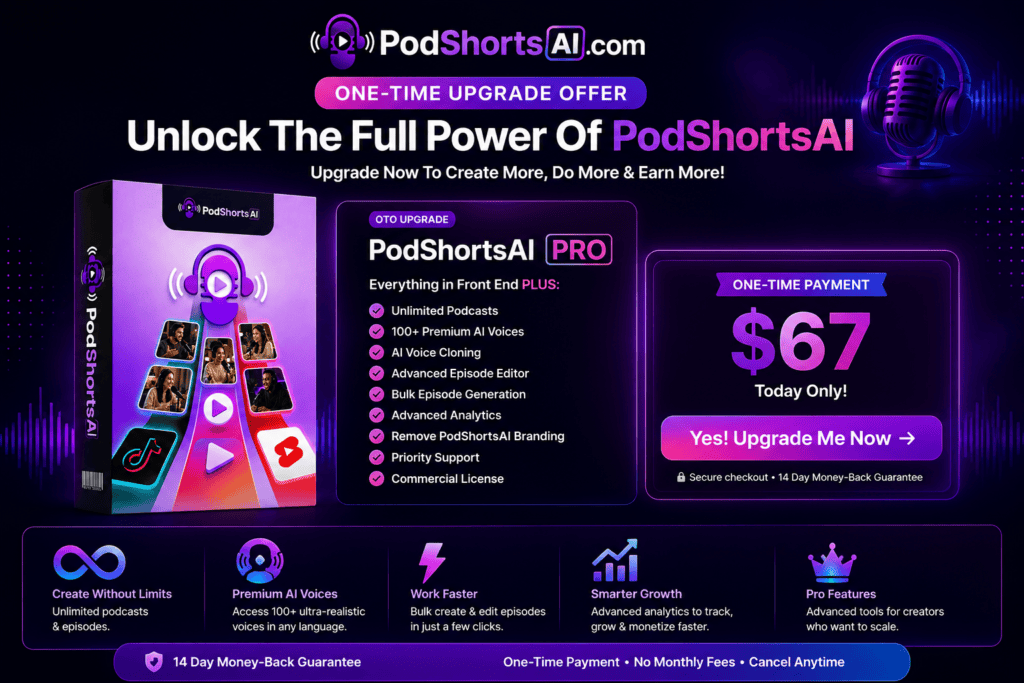 PodShorts OTO upgrades page graphic showing advanced AI podcast features, upgrade options, pricing and creator growth tools